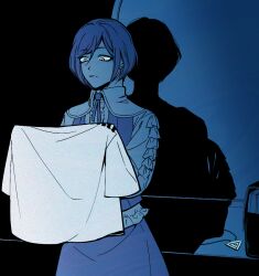 1girl b1ue_e4rth backpack bag blue_theme closed_mouth collared_shirt cowboy_shot different_shadow expressionless frilled_shirt frilled_sleeves frills fukurai_azami hair_between_eyes holding holding_shirt holding_unworn_clothes jewelry kisaragi_ayumi long_sleeves meguriya_ayumu monochrome necklace protected_link puffy_long_sleeves puffy_sleeves shirt short_hair spoilers standing toshi_densetsu_kaitai_center unworn_bag unworn_jewelry unworn_necklace unworn_shirt