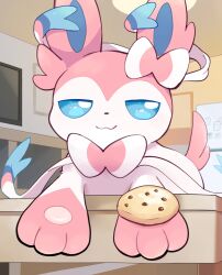 absurdres blue_eyes blue_fur cookie food gen_6_pokemon highres indoors komanychi looking_at_viewer multicolored_fur nintendo no_humans pink_fur pokemon pokemon_(creature) refrigerator solo sylveon television white_fur