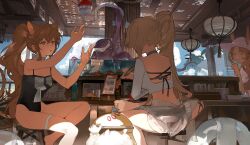 3girls absurdres animal_ears bar_(place) black_one-piece_swimsuit blonde_hair brown_hair choker chopsticks commentary dessert ears_through_headwear english_commentary fish_tank food glass green_eyes hanging_light hat highres holding holding_chopsticks holding_with_chopsticks making-of_available multiple_girls octopus one-piece_swimsuit original palm_tree side_ponytail sitting summer sun_hat swimsuit thigh_strap tree twice12314 twintails