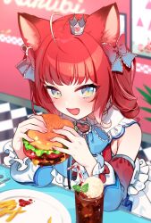 1girl ahoge akami_karubi animal_ears armpit_crease bare_shoulders bow burger cat_ears checkered_floor crazy_raccoon crown detached_sleeves dress drink drinking_straw fangs food french_fries gradient_eyes gradient_hair hair_bow highres holding holding_burger holding_food ice_cream ice_cream_float looking_at_viewer medium_hair mini_crown multicolored_eyes multicolored_hair open_mouth plate red_hair sauce sleeveless sleeveless_dress solo two_side_up virtual_youtuber yuura