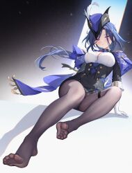 1girl absurdres blue_hair blush clorinde_(genshin_impact) feet genshin_impact hat highres long_hair looking_at_viewer pantyhose purple_eyes radoremo soles toes