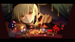 1girl absurdres bang_dream! bang_dream!_it&#039;s_mygo!!!!! beret christmas_lights closed_mouth commentary crt diorama earrings guiltyskullu hat highres jewelry long_sleeves mortis_(bang_dream!) mortis_(costume)_(bang_dream!) mortis_(persona)_(bang_dream!) mutsumi/mortis_headspace red_hat wakaba_mutsumi wakaba_mutsumi_(doll) yellow_eyes