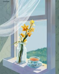 absurdres cup curtains drink flower gluesalt grass highres no_humans original saucer spoon still_life tea teacup vase window yellow_flower