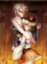 1boy 1girl ass bare_shoulders blood bloody_tears bow breasts collarbone commentary_request fire fox_mask glowing glowing_eyes green_hair gumi hair_bow hakama hakama_short_skirt hakama_skirt hand_on_another&#039;s_hip hand_on_another&#039;s_shoulder hetero japanese_clothes kibatan kimono kitsune_no_yomeiri_(vocaloid) looking_at_viewer mask medium_breasts nipples no_bra no_panties off_shoulder oni_to_kitsune_no_hanashi partial_commentary pleated_skirt red_bow red_eyes red_skirt shishikusa_mai short_hair skirt topless_female torii vocaloid white_hair