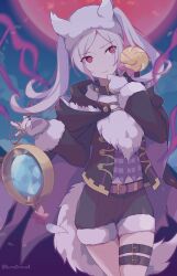 1girl 343rone absurdres animal_collar animal_ears animal_hat black_collar black_jacket black_shorts candy closed_mouth collar fake_animal_ears female_robin_(fire_emblem) female_robin_(grima)_(fire_emblem) female_robin_(halloween)_(fire_emblem) fire_emblem fire_emblem_awakening fire_emblem_heroes food gloves halloween_costume hat highres holding holding_candy holding_food holding_lollipop hood hooded_jacket jacket lollipop long_sleeves nintendo official_alternate_costume red_eyes shorts smile tail thigh_strap thighs twintails white_gloves white_hair wolf_ears wolf_tail