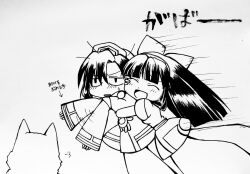 Rule 34 | 2girls, ainu clothes, annoyed, arms around waist, black hair, breasts, closed eyes, constricted pupils, fingerless gloves, gloves, hair ribbon, half-closed eyes, happy, highres, hug, japanese text, legs, long hair, medium breasts, monochrome, multiple girls, nakoruru, open mouth, pants, rera, ribbon, samurai spirits, shikuru, short hair, sideboob, sketch, smile, thighs, tongue, translation request, very long hair, wolf