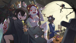 Rule 34 | 2022, 3girls, absurdres, asakusa midori, bat (animal), black hair, black nails, commentary, dated, eizouken ni wa te wo dasu na!, fangs, full moon, glasses, highres, jack-o&#039;-lantern, kanamori sayaka, mizusaki tsubame, moon, multiple girls, mummy costume, school uniform, shibahama high school uniform, stuffed animal, stuffed rabbit, stuffed toy, tombstone, vampire costume, werewolf costume, xiaotong