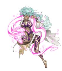 1girl attack barefoot body_markings breasts dark-skinned_female dark_skin fang fire_emblem fire_emblem_heroes food fruit glowing glowing_animal grey_hair highres holding holding_food holding_fruit jewelry kozaki_yuusuke large_breasts long_hair messy_hair nail_polish nidhoggr_(fire_emblem) nintendo non-web_source official_art open_mouth pelvic_curtain pink_eyes ponytail purple_nails revealing_clothes ring robe smile snake solo toenail_polish toenails transparent_background white_robe