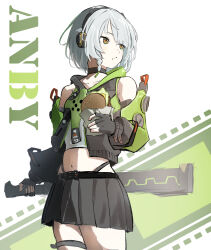 1girl anby_demara aoiromya bare_shoulders black_choker black_skirt braid burger character_name choker cowboy_shot crop_top food grey_hair headphones highres holding holding_burger holding_food long_sleeves midriff miniskirt navel pleated_skirt short_hair skirt solo standing stomach white_background zenless_zone_zero
