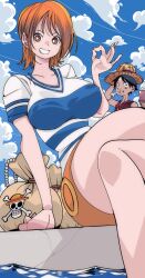 1boy 1girl absurdres bare_shoulders black_hair blue_sky breasts brown_eyes cloud cloudy_sky collarbone crossed_legs eating food hat highres holding holding_food jolly_roger kinako_mochi_(pixiv100419090) large_breasts looking_at_viewer meat monkey_d._luffy nami_(one_piece) nami_(one_piece)_(east_blue) ocean ok_sign one_piece orange_hair scar scar_on_face shirt short_hair short_sleeves skirt sky smile straw_hat striped_clothes striped_shirt teeth two-tone_shirt v-neck water yellow_skirt