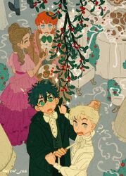1girl 3boys artist_name black_coat black_hair black_shoes blonde_hair blue_eyes bow bowtie broken_eyewear brown_eyes brown_hair clothes_grab coat dirty dirty_face draco_malfoy dress fighting freckles frilled_dress frilled_shirt_collar frilled_sleeves frills furrowed_brow grabbing_another&#039;s_hair green_bow green_eyes hair_between_eyes harry_potter harry_potter_(series) helen_jee hermione_granger highres jacket long_dress messy_hair mistletoe multiple_boys necktie necktie_grab neckwear_grab parted_lips pink_dress red_hair ron_weasley round_eyewear scar scar_on_face scar_on_forehead shoes sweatdrop table updo wavy_hair wavy_mouth white_bow white_bowtie white_jacket wizarding_world