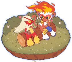 ^_^ berry_(pokemon) black_border blaziken border bush chibi closed_eyes commentary creatures_(company) fire flower food fruit game_freak gen_3_pokemon gen_4_pokemon grass holding holding_food holding_fruit infernape leaf nintendo open_mouth oran_berry pokemon pokemon_(creature) sitting yajuuraku