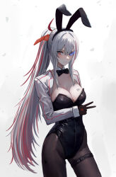 1girl alpha_(pgr) animal_ears black_bow black_bowtie black_gloves black_leotard black_pantyhose blue_eyes bow bowtie breasts cleavage clothing_cutout gloves haruyuki_(karem) highleg highleg_leotard leotard long_hair looking_at_viewer lucia:_crimson_weave_(pgr) medium_breasts multicolored_eyes multicolored_hair multicolored_shirt pantyhose playboy_bunny ponytail punishing:_gray_raven rabbit_ears red_eyes simple_background standing v vest white_background white_vest