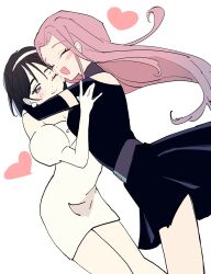 2girls alien_stage black_dress black_gloves black_hair closed_eyes clothing_cutout commentary dress earrings elbow_gloves gloves gradient_hair hashtag-only_commentary heart highres hug jewelry long_hair mizi_(alien_stage) multicolored_hair multiple_girls off-shoulder_dress off_shoulder one_eye_closed pink_hair purple_eyes purple_hair short_hair shoulder_cutout sphere_earrings sua_(alien_stage) two-tone_hair very_long_hair viga_uzk white_dress white_gloves white_hair yuri
