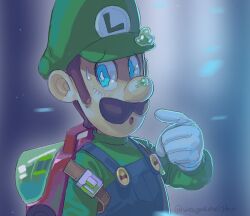 1boy blue_eyes blue_overalls brown_hair buttons facial_hair gloves green_hat green_shirt hat highres luigi luigi&#039;s_mansion luigi&#039;s_mansion_3 male_focus mario_(series) mustache nintendo overalls parted_lips pointing poltergust_g-00 shirt short_hair sideburns squiggle_eyes weegeemeister white_gloves