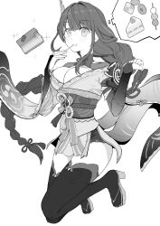 Rule 34 | 1girl, absurdres, armor, braid, braided ponytail, breasts, bridal gauntlets, commentary request, full body, genshin impact, greyscale, hair ornament, highres, japanese clothes, kimono, large breasts, long hair, mitsudomoe (shape), mole, mole under eye, monochrome, obi, obiage, obijime, pauldrons, platform sandals, raiden shogun, sandals, sash, sei (karupiza1490208), shoulder armor, shrug (clothing), single braid, single pauldron, solo, speech bubble, thighhighs, thought bubble, tomoe (symbol), very long hair