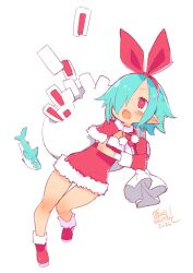 1girl blue_hair blush boots commentary_request disgaea dress flat_chest full_body gloves hair_over_one_eye hairband harada_takehito highres holding holding_sack open_mouth original pleinair pointy_ears red_eyes sack same-san santa_costume santa_dress short_hair solo thigh_gap