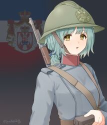 Rule 34 | 1girl, absurdres, ammunition pouch, artist name, belt, blue jacket, bolt action, brown belt, commentary, flag background, green hair, green hat, gun, gun sling, hand on own hip, hat, helmet, highres, jacket, leochan1202, long sleeves, looking at viewer, mauser 98, military, military uniform, open mouth, original, pouch, rifle, soldier, solo, upper body, weapon, weapon request, world war ii, yellow eyes, yugoslavia, yugoslavian flag