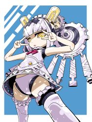 1girl black_hairband double_v dress fate/grand_order fate_(series) gears hairband highres joints light_bulb light_bulb_hair_ornament naucrate_(fate) otonami_sw panties robot_girl robot_joints sleeveless triangle_mouth underwear v white_dress white_hair white_panties yellow_eyes