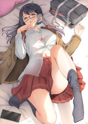 1girl airpods asahina_hikage bag bed_sheet black_hair bra breasts brown_jacket cleavage collared_shirt commentary_request glasses highres jacket long_hair looking_at_viewer lying navel on_back open_mouth panties pillow pleated_skirt purple_eyes red_skirt saenai_boku_ga_kimi_no_heya_de_shite_iru_koto_o_kurasumeito_wa_dare_mo_shiranai school_bag school_uniform semi-rimless_eyewear shirt sidelocks skirt socks solo tablet_pc takai_yumi unbuttoned unbuttoned_shirt under-rim_eyewear underwear white_bra white_panties white_shirt wireless_earphones