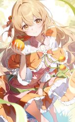Rule 34 | 1girl, absurdres, blonde hair, blush, bow, collarbone, commentary, dress, food, food-themed hair ornament, frills, fruit, fruit hair ornament, hair between eyes, hair ornament, hair ribbon, highres, holding, holding food, long hair, looking at viewer, lumo 1121, orange (fruit), orange bow, orange eyes, orange skirt, original, outdoors, ribbon, skirt, smile, solo
