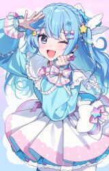 1girl akabino bag blue_eyes blue_hair blue_nails blue_shirt blush bow braid commentary_request cowboy_shot crown_braid frills hair_ornament highres hololive hoshimachi_suisei idol_clothes layered_skirt long_hair long_sleeves looking_at_viewer multicolored_nails one_eye_closed open_mouth pantyhose pink_bow shirt skirt smile solo star_(symbol) star_hair_ornament star_in_eye super_idol_comet-chan symbol_in_eye virtual_youtuber white_pantyhose white_skirt wing_hair_ornament