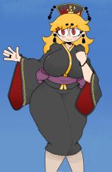 Rule 34 | 1girl, black kimono, blush, breasts, earrings, fishnets, hat ornament, highres, huge breasts, japanese clothes, jewelry, junko (touhou), kimono, looking at viewer, mature female, mccum69, new year, obi, orange hair, pantyhose, red eyes, ring, sash, self-upload, smile, solo, touhou, wide hips
