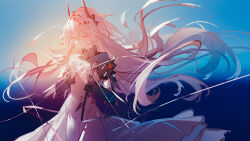 1girl absurdres arknights black_horns cowboy_shot dress floating_hair hair_intakes highres horns long_hair long_sleeves looking_down luozhou_pile pink_eyes pink_hair solo theresa_(arknights) white_dress