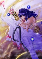 1boy abs belt black_belt black_gloves clenched_hands clothes_around_waist commentary_request cross cross_necklace cross_of_prontera feet_out_of_frame flame_print gauntlets gloves jewelry kicking long_hair looking_afar male_focus muscular muscular_male necklace pants purple_hair ragnarok_online shirt shirt_around_waist simpatiaein solo sura_(ragnarok_online) topless_male white_pants white_shirt