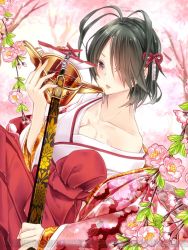 00s 1girl 218 black_hair breasts cleavage collar collarbone female_focus flower hair_over_one_eye holding japanese_clothes marina_wulfstan medium_breasts off_shoulder purple_eyes senjou_no_valkyria senjou_no_valkyria_(series) senjou_no_valkyria_1 short_hair solo watermark