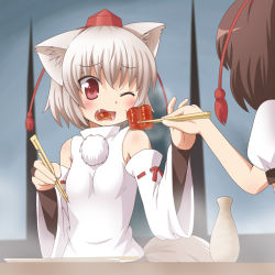 2girls animal_ears bare_shoulders black_hair blush broken_chopsticks chopsticks detached_sleeves eating eel fang feeding female_focus food food_in_mouth haruna_mao hat inubashiri_momiji meat multiple_girls one_eye_closed open_mouth red_eyes revision shameimaru_aya short_hair tokin_hat touhou upper_body white_hair wince wink wolf_ears