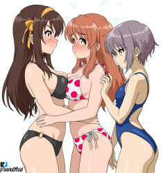 3girls absurdres asahina_mikuru ass bikini black_bikini blue_one-piece_swimsuit blush breast_press breasts brown_eyes brown_hair closed_mouth cowboy_shot from_side grey_hair hair_ribbon halterneck highres hug long_hair looking_at_another medium_breasts multiple_girls nagato_yuki navel o-ring o-ring_bikini one-piece_swimsuit polka_dot polka_dot_bikini profile racerback ribbon short_hair side-tie_bikini_bottom small_breasts stomach suzumiya_haruhi suzumiya_haruhi_no_yuuutsu swimsuit symmetrical_docking t-works thighs twitter_logo twitter_username white_bikini yellow_ribbon