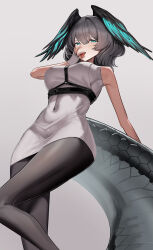 Rule 34 | 1girl, absurdres, aoi wakashi chiyo, aqua eyes, arknights, bare shoulders, between breasts, black pantyhose, breasts, covered navel, dress, feathered wings, feet out of frame, fingerless gloves, from below, gloves, grey hair, hair between eyes, hand on own face, hand up, head wings, highres, ho&#039;olheyak (arknights), looking at viewer, medium hair, pantyhose, pencil dress, snake tail, solo, strap between breasts, tail, tongue, tongue between fingers, tongue out, white dress, white gloves, wings