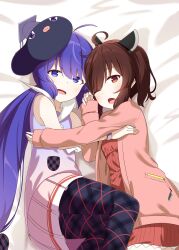 2girls ahoge alternate_costume animal_hat ascot bed_sheet blue_eyes blue_hair blunt_bangs brown_hair cardigan chaakusu charm_(object) commentary cowboy_shot cuddling dress eel_hat feet_out_of_frame gradient_clothes hair_ribbon half-closed_eyes hat headgear highres light_blush long_hair long_sleeves looking_at_viewer low-tied_long_hair low_twintails lying medium_hair mortarboard multicolored_dress multiple_girls on_side one_eye_closed open_cardigan open_clothes open_mouth otomachi_una otomachi_una_(talkex) pantyhose pink_cardigan plaid_clothes plaid_pantyhose plaid_ribbon pleated_dress pocket raglan_sleeves red_dress red_eyes ribbon sailor_collar sailor_dress sleeveless sleeveless_dress sleeves_past_wrists smile talkex touhoku_kiritan twintails very_long_hair voiceroid white_ascot white_sailor_collar yuri