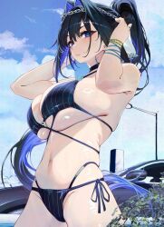 Rule 34 | 1girl, adjusting hair, alternate costume, bare arms, bare shoulders, bikini, black hair, blue bikini, blue eyes, blue hair, blue sky, breasts, cleavage, cloud, commentary, cowboy shot, curvy, day, from side, gurei (streaper42846), hair intakes, halterneck, hands up, high ponytail, hololive, hololive english, large breasts, looking at viewer, medium hair, multi-strapped bikini bottom, multicolored hair, navel, ouro kronii, outdoors, ponytail, side-tie bikini bottom, sideboob, sky, solo, stomach, string bikini, swimsuit, thighs, two-tone hair, underboob, virtual youtuber