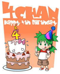 1boy 1girl 4chan animal_ears birthday birthday_cake party_hat border bow brown_shorts cake candle cat cat_ears commentary english_commentary english_text fire fire flying_sweatdrops food fork fruit gradient_background green_eyes green_hair hair_ornament holding holding_fork holding_knife icing knife koiwai_yotsuba matching_hair/eyes moot multicolored_shirt open_mouth orange_background pants pants_rolled_up pink_bow red_footwear red_shirt shirt shoes short_sleeves shorts sneakers spork strawberry tongue tongue_out white_border white_shirt yotsubato!