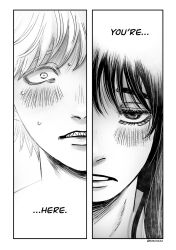 Rule 34 | 1boy, 1girl, blush, chainsaw man, commentary, denji (chainsaw man), english commentary, english text, greyscale, highres, long hair, mitaka asa, monochrome, sharp teeth, short hair, split theme, sweat, teeth, wischkaa