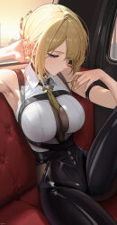 1girl absurdres arm_up bare_shoulders between_breasts black_pants blonde_hair breasts car_interior closed_mouth collared_shirt commentary evelyn_chevalier hahany high-waist_pants highres knee_up large_breasts looking_down mole mole_under_eye necktie necktie_between_breasts pants purple_eyes shirt short_hair sidelocks sitting solo thighs tight_clothes tight_pants white_shirt wing_collar yellow_necktie zenless_zone_zero