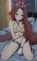 Rule 34 | 1girl, :/, absurdres, averting eyes, bare legs, bed sheet, bikini, blue archive, blush, bow, breasts, criss-cross halter, denim, denim shorts, dragon horns, dragon tail, forehead, halo, halterneck, highres, horns, kneehighs, kneeling, long hair, navel, on bed, pillow, red bow, red eyes, renge (blue archive), renge (swimsuit) (blue archive), short shorts, shorts, single horn, small breasts, socks, solo, stomach, string bikini, swimsuit, syhan, tail, very long hair