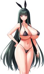 Rule 34 | 1girl, :|, absurdres, animal ears, arm at side, bikini, black bikini, blunt bangs, breasts, cleavage, clenched hand, closed mouth, derauea, game cg, gold necklace, green hair, hand on own hip, heles flamberge rabia, highres, huge breasts, jewelry, light blush, long hair, long sidelocks, looking at viewer, motto! haramase! honoo no oppai isekai oppai bunny gakuen!, necklace, non-web source, official art, rabbit ears, rabbit girl, red eyes, sidelocks, skindentation, solo, standing, star (symbol), star in eye, swimsuit, symbol in eye, tachi-e, transparent background, very long hair