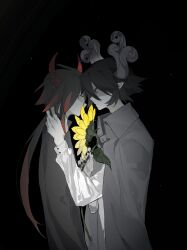 2boys absurdres black_background blue_eyes closed_mouth coat coat_on_shoulders commentary flower from_side funamusea highres holding holding_flower horns ivlis_(funamusea) long_hair long_sleeves male_focus multicolored_hair multiple_boys red_hair red_horns satanick_(funamusea) short_hair spot_color sunflower symbol-only_commentary two-tone_hair vihua6 yellow_eyes yellow_flower
