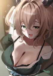 1girl animal_ears bare_shoulders black_bra blurry blurry_background blush bra bra_peek breasts brown_hair cleavage commentary crossed_bangs dress flying_sweatdrops foreshortening from_above green_dress green_eyes hair_between_eyes hair_intakes highres indie_virtual_youtuber large_breasts looking_at_viewer nimi_nightmare off_shoulder one_side_up open_mouth redi_(rasec_asdjh) smile solo sweat symbol-only_commentary tapir_ears tapir_girl underwear virtual_youtuber