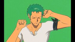 1boy animated animated_gif bandana_around_arm closed_eyes collarbone earrings green_background green_hair jewelry looking_at_viewer looping_animation male_focus one_piece qin_(7833198) roronoa_zoro shirt short_hair short_sleeves sideburns simple_background single_earring solo stretching upper_body white_shirt