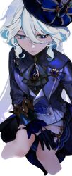 1girl absurdres ascot black_ascot black_gloves blue_ascot blue_brooch blue_hair blue_hat blue_jacket closed_mouth coattails commentary_request cropped_legs drop-shaped_pupils from_above furina_(genshin_impact) genshin_impact gloves hair_between_eyes hat highres invisible_chair jacket kakao_(hidden_pile) long_hair looking_to_the_side mismatched_pupils multicolored_hair ouji_fashion simple_background sitting solo streaked_hair symbol-shaped_pupils tearing_up top_hat wavy_hair white_background white_hair