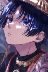 1boy adam&#039;s_apple artist_name black_kimono blunt_ends blurry closed_mouth depth_of_field eyeliner eyeshadow genshin_impact gold hat highres huiyue1016 japanese_clothes jewelry jingasa juban kimono looking_up makeup male_focus neck_ring parted_bangs portrait purple_eyes purple_hair purple_rope red_eyeliner red_eyeshadow red_kimono rope scaramouche_(genshin_impact) shimenawa single_sode solo white_kimono