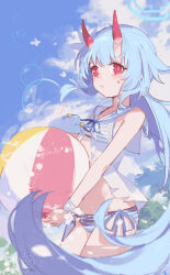 1girl absurdres ball bare_shoulders beachball bikini bilibalakonglijiwa blue_archive blue_bikini blue_hair blue_halo blue_sky bubble chise_(blue_archive) chise_(swimsuit)_(blue_archive) cloud cloudy_sky commentary_request demon_horns halo highres holding holding_ball holding_beachball horns long_hair looking_at_viewer official_alternate_costume red_eyes side-tie_bikini_bottom skin-covered_horns sky solo standing striped_bikini striped_clothes swimsuit very_long_hair