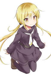 10s 1girl belt black_serafuku black_skirt black_thighhighs blonde_hair blush brown_shoes closed_mouth crescent crescent_pin eyebrows female_focus hair_between_eyes hair_ornament ica kantai_collection kneeling long_hair long_sleeves necktie satsuki_(kancolle) school_uniform serafuku shoes simple_background skirt smile solo thighhighs twintails very_long_hair white_background white_necktie yellow_eyes zettai_ryouiki