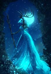 1other amputee antlers black_hair blue_dress blue_theme bush curly_hair dress full_body full_moon gown hair_over_shoulder hedge holding holding_staff horns light_particles mask moon original outdoors painterly scenery skull_mask solo staff standing zandra