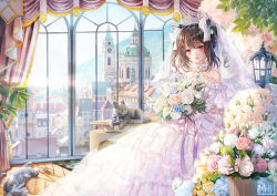 1girl :d animal_ear_fluff animal_ears bare_shoulders black_hair blue_flower blue_rose bouquet brown_eyes building cat check_copyright commentary_request copyright_request day dress fang flower frills gem highres holding holding_bouquet long_dress looking_at_viewer medium_hair open_mouth original pink_flower pink_rose plant purple_ribbon ribbon rose sitting smile solo tiara wedding_dress white_dress white_flower white_rose window zane_(fnyx7843)