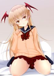 10s 1girl alternate_costume blush bow cardigan contemporary doburoku_(daiginjou) female_focus granblue_fantasy head_wings looking_at_viewer on_bed plaid_clothes plaid_skirt pointy_ears school_uniform serafuku sitting skirt solo striped_bow vampy wariza wings yellow_eyes